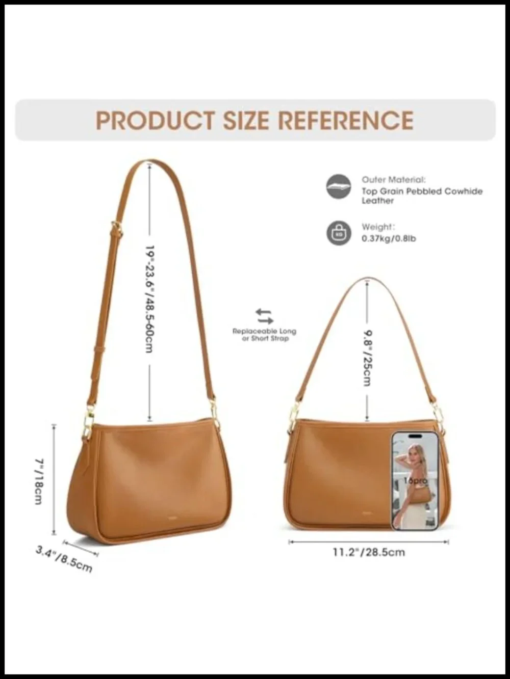 Medium Leather Hobo Crossbody Shoulder Bag with 2 Straps